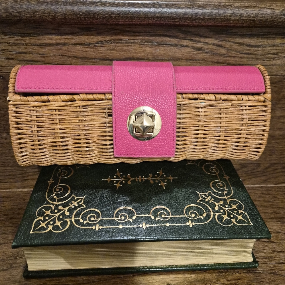 Mud Pie Wicker and Pink Leather Clutch
